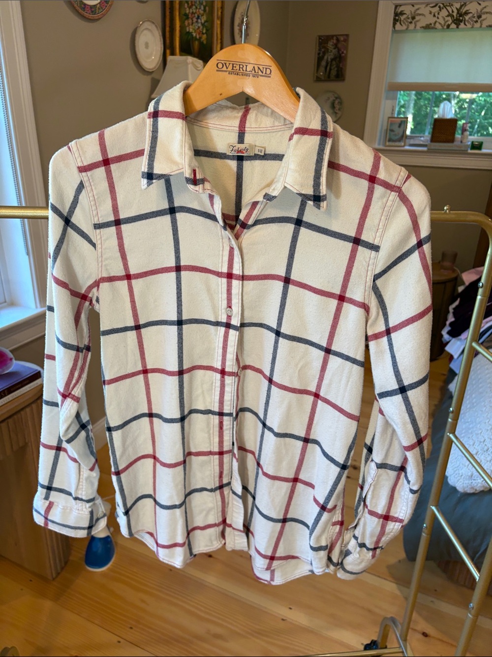 Faherty White Button-Down Shirt with Red and Navy Windowpane Plaid